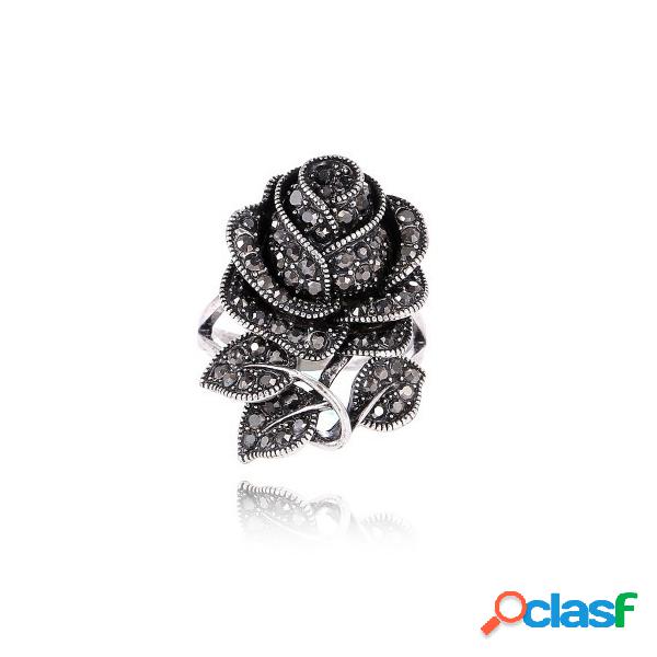 Luxo preto completo strass rosa flor mulheres anéis vintage