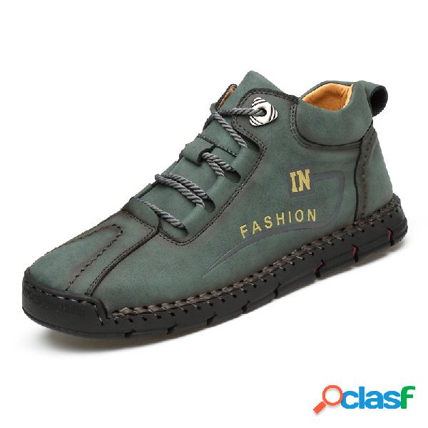 Men Rubber Toe Hand Stitching Leather Lace Up Ankle Boots