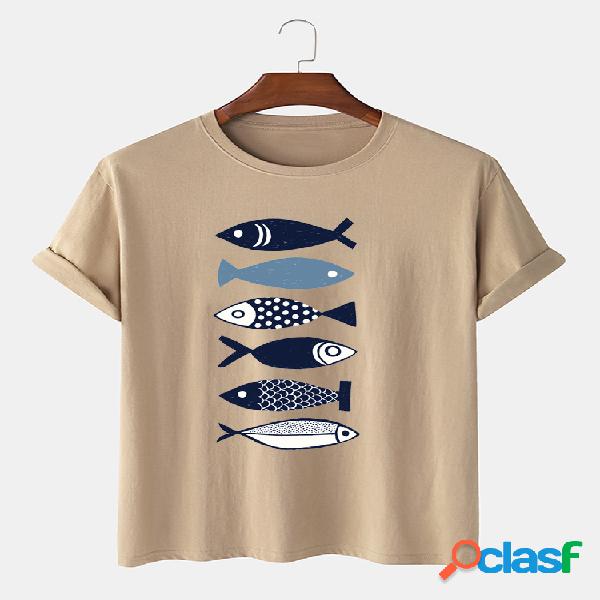 Mens 100% Cotton Fish Impresso Casual T-shirts de manga