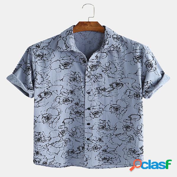 Mens 100% algodão floral impresso causal manga curta Camisa