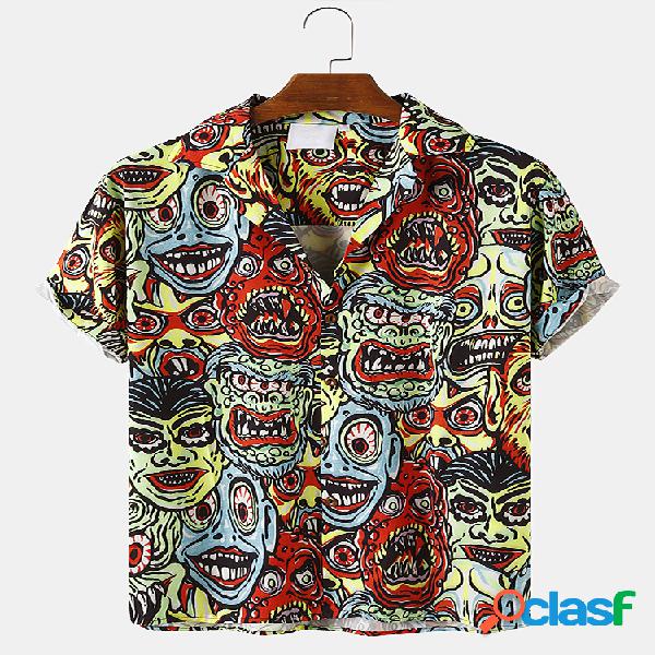 Mens Abstract Character Print Casual Loose Light Camisas de