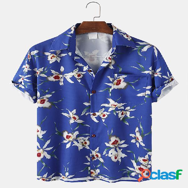 Mens Allover Floral Imprimir Casual Light Peito Pocket