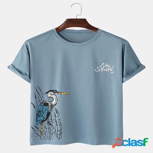 Mens Cartoon Crane Impresso Loose Round Neck T-shirt