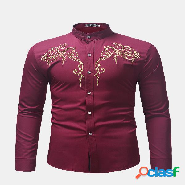 Mens Casual Stand Collar Manga comprida Slim Fit Bordado