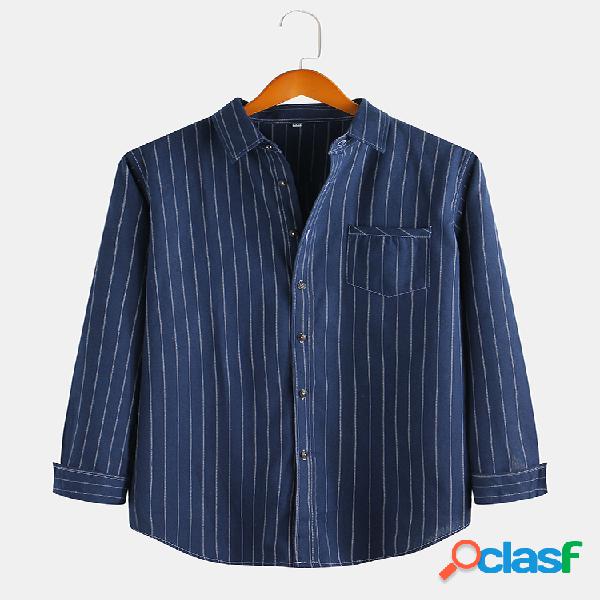 Mens Casual Striped Chest Pocket Turn Down Collar Camisas de