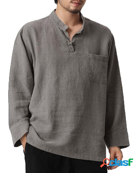 Mens Casual V-Neck Loose Solid Color Chest Pocket T-shirt de