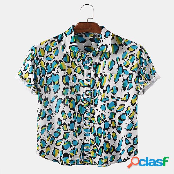 Mens Color Leopard Print Light Camisas de grife de manga