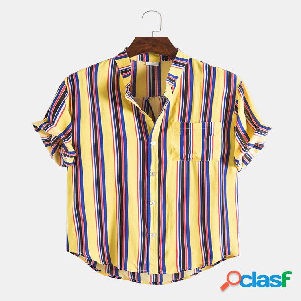 Mens Color Striped Casual Chest Pocket Camisas de manga