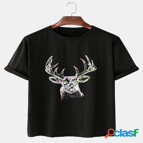 Mens Colorful Elk Print Solid Color Loose Casual O-Neck