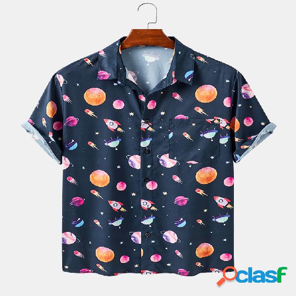 Mens Colorful Planet & Rocket Print Light Camisas de manga