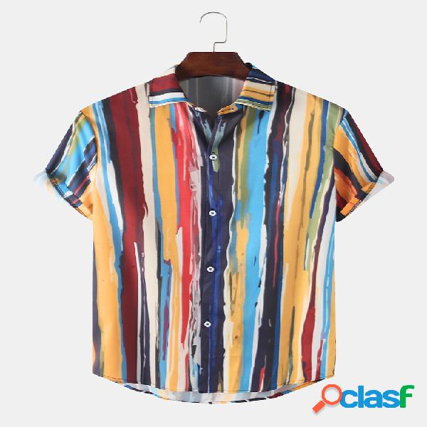 Mens Colorful Striped Printed Light Casual Camisas de manga