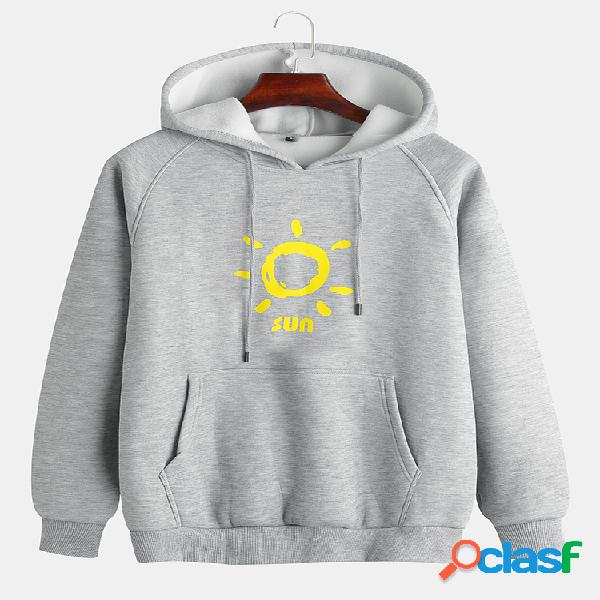 Mens Cool Hand Drawn Sun Padrão Hoodies com cordão de