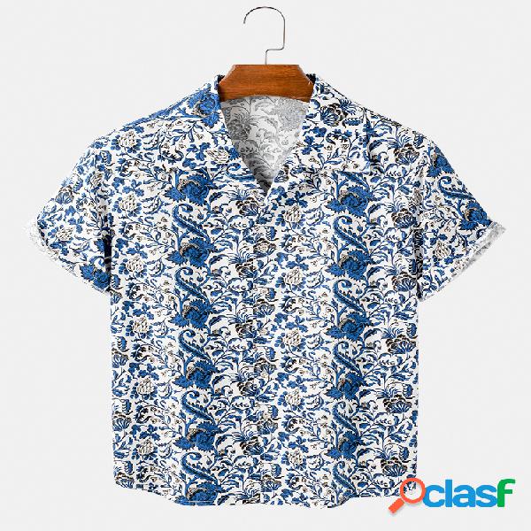 Mens Cotton Ethnic Floral Print Light Camisas de manga curta