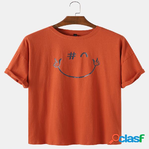 Mens Cotton Funny Emojis Print Respirável Loose Round Neck