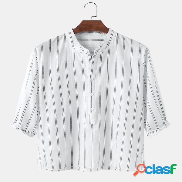 Mens Cotton Plain Striped Print Stand Collar Henley Light