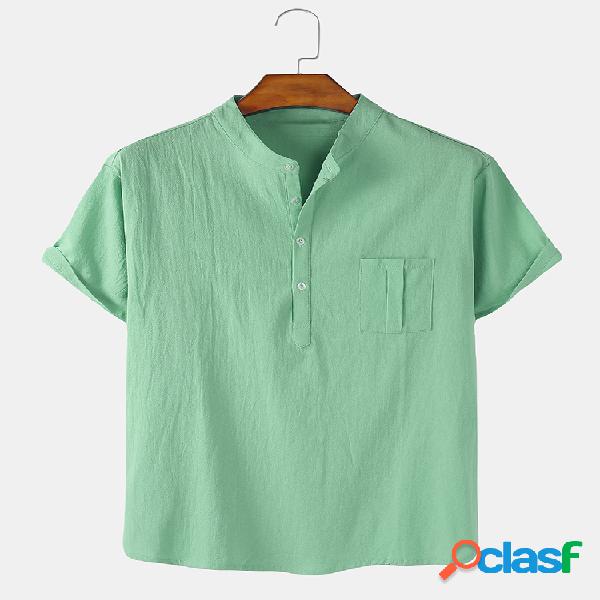 Mens Cotton Solid Color Light Loose Casual Chest Pocket