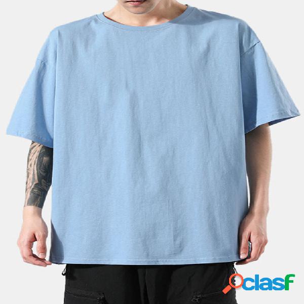 Mens Cotton Solid Color Respirável Casual Loose O-Neck
