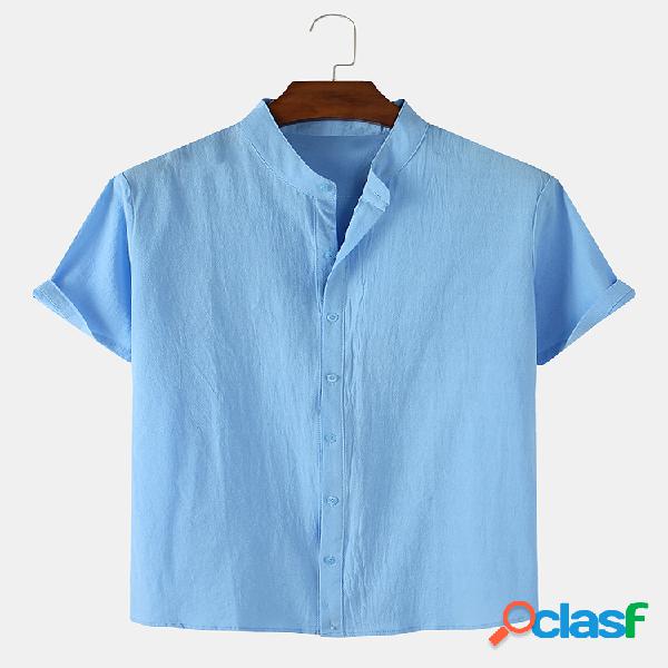 Mens Cotton Solid Color Simple Light Casual Stand Collar