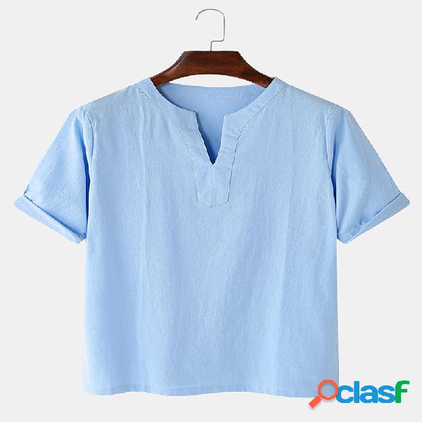 Mens Cotton V-Neck Solid Color Loose Casual Half Sleeve