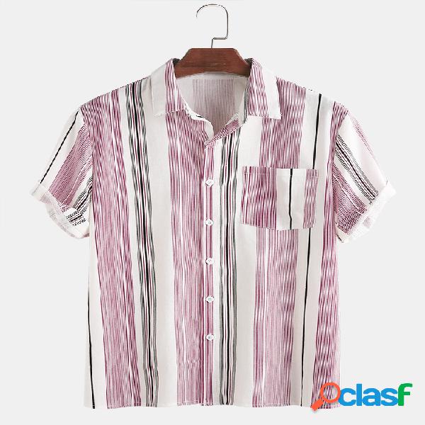 Mens Cotton Vertical Stripe Holiday Casual manga curta