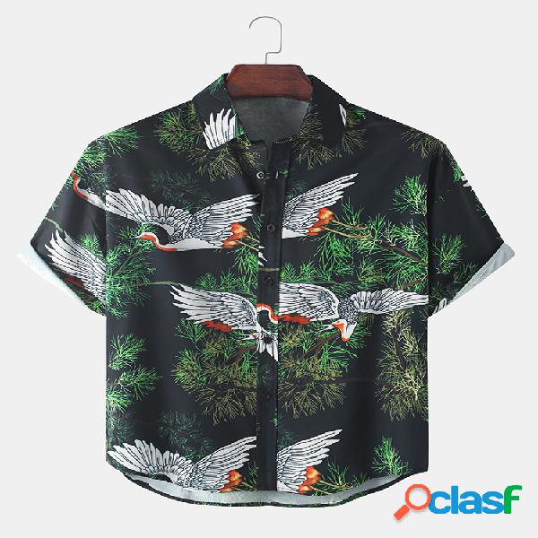 Mens Crane & Folha Print Casual Light Turn Down Collar