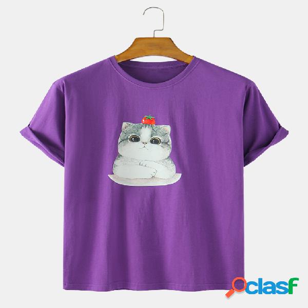 Mens Cute Cat Print Cotton Cor sólida Loose Light Round