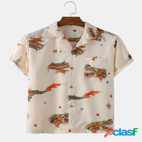 Mens Dragão Print Casual Loose & respirável camisas de