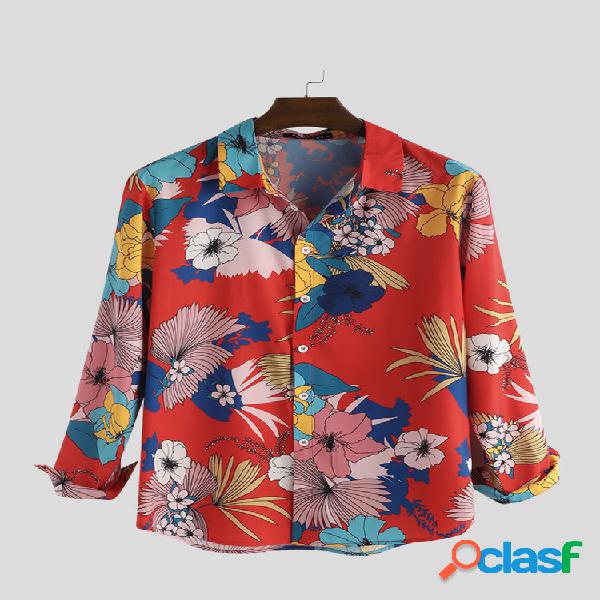 Mens Floral Plants Impresso Turn Down Collar Camisas de