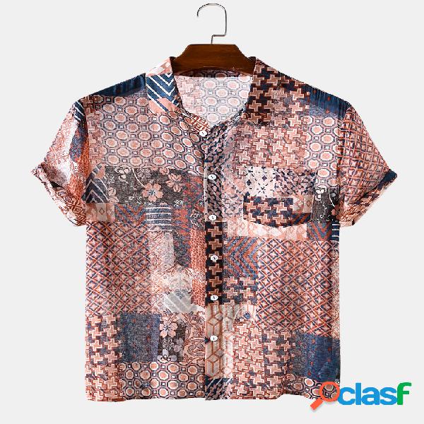 Mens Floral Print Light manga curta Botões Camisas de grife