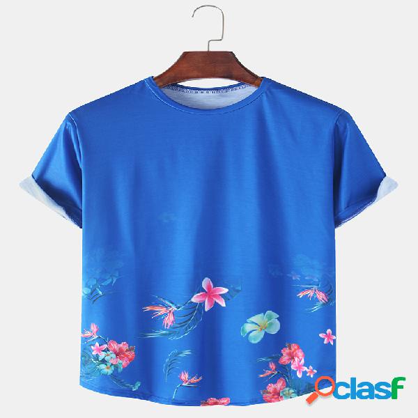 Mens Floral Print respirável Casual Thin Loose O-Neck