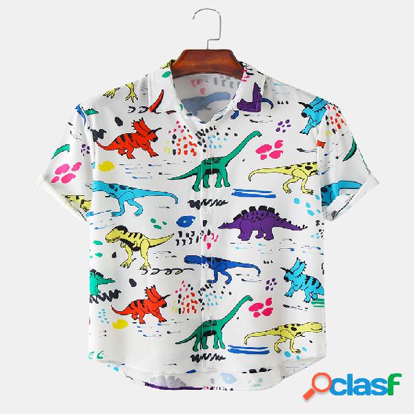 Mens Funny Cartoon Colorful Dinosaur Print Camisas de manga