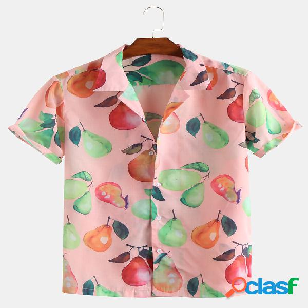 Mens Funny Fruit Printed Turn Down Collar Camisas de manga
