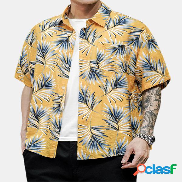 Mens Holiday Folha Camisas de manga curta casuais leves