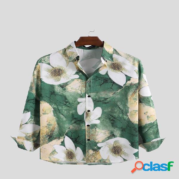 Mens Ink Floral Impresso Turn Down Collar Camisas de manga