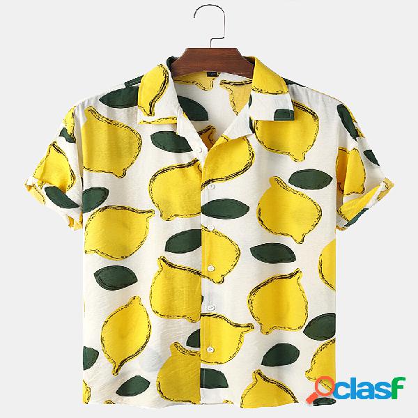 Mens Lemon Impresso Algodão Respirável Casual Camisas de