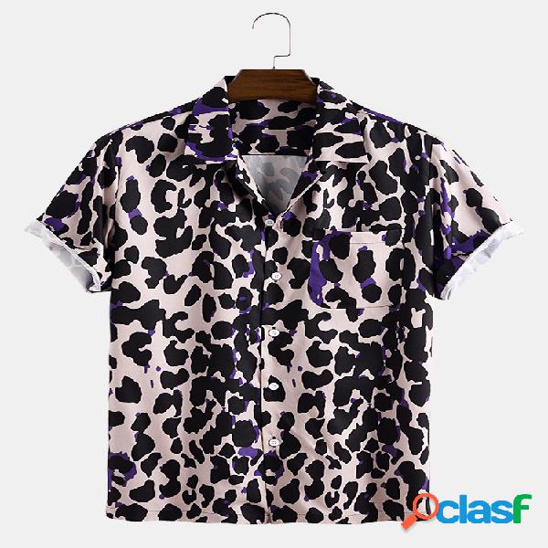 Mens Leopard Print Respirável Light Chest Pocket Camisas de