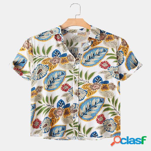 Mens Lovely Cartoon Folha Turn Down Collar Camisas de manga