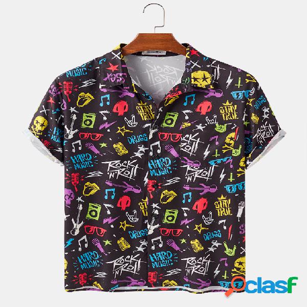 Mens Multi-Color Music Graffiti Print Camisas de manga curta