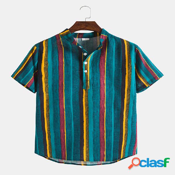 Mens Multi Color Stripe Stand Collar Camisas de manga curta