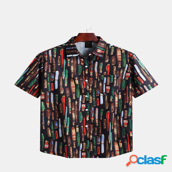 Mens Multi Pen Impresso Turn Down Collar Camisas de manga