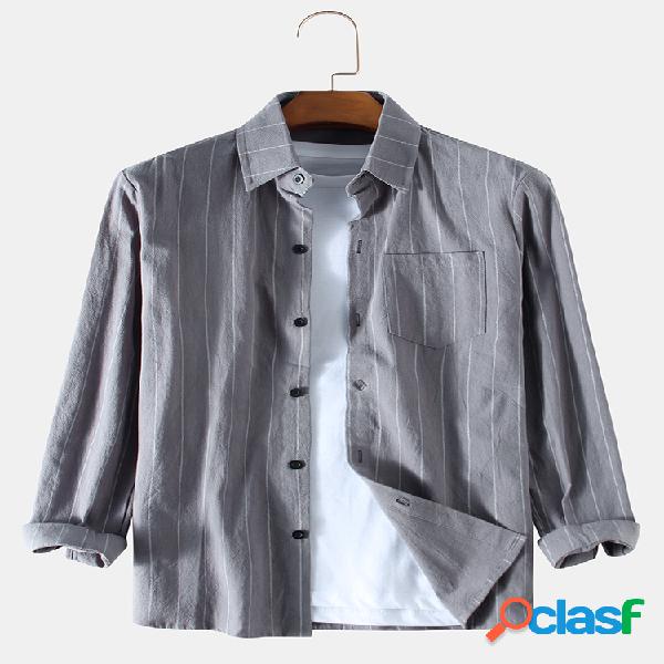Mens Plain Solid Color Stripe Chest Pocket Camisas de manga