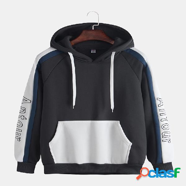 Mens Plain Style Colorblock Kangaroo Pocket Letter Graphic