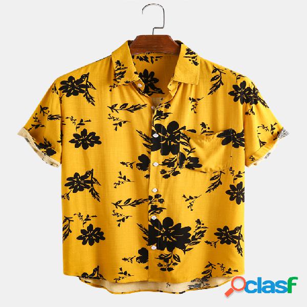 Mens Retro Floral Print Loose respirável camisas de manga