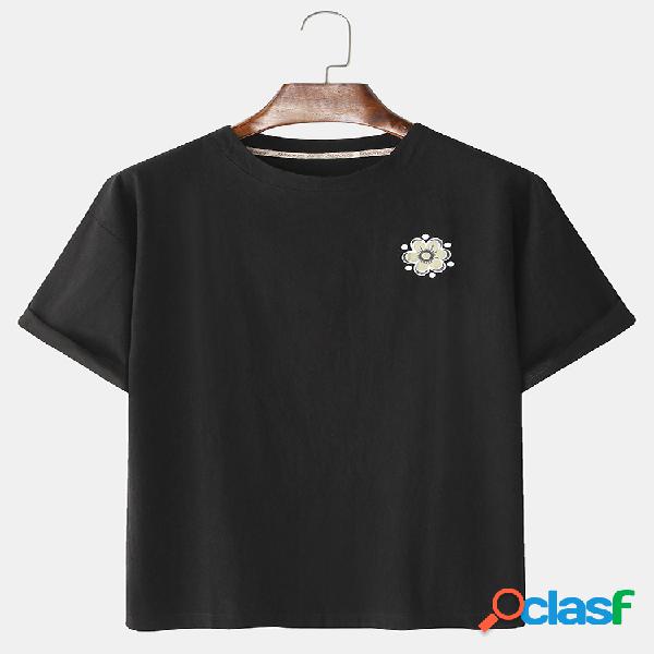 Mens Small Flower Print Cor sólida Loose Casual Round Neck
