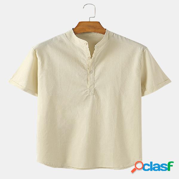 Mens Solid Respirável Linho Stand Collar Manga curta Casual