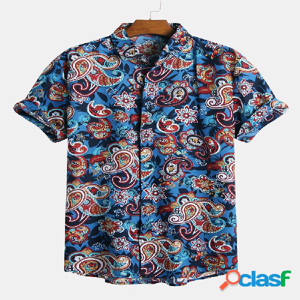Mens Summer Ethnic Floral Print Turn Down Collar Manga
