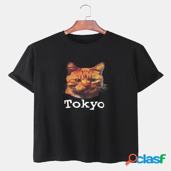 Mens Tokyo Cat Print respirável Loose Light Round Neck