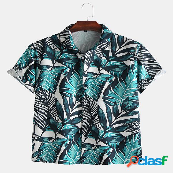 Mens Tropical Planta Impresso manga curta relaxado Camisa
