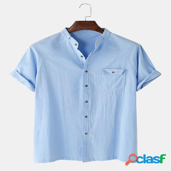 Mens algodão cor sólida respirável camisas de manga curta