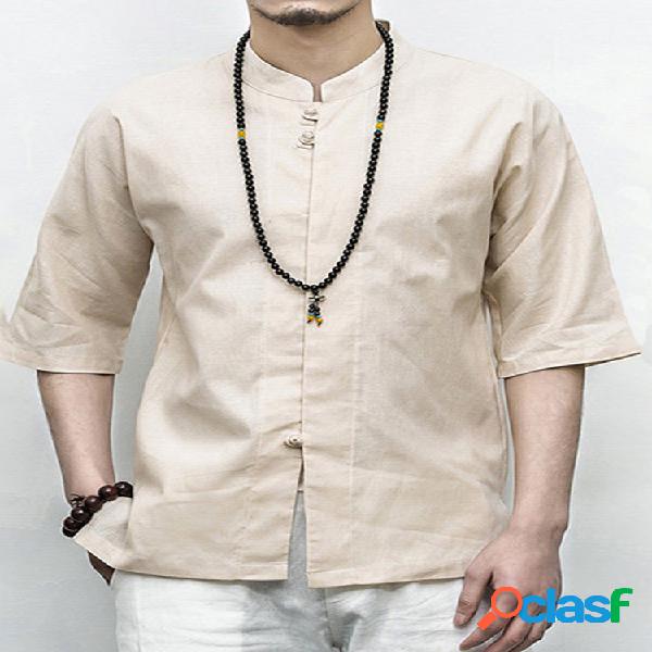 Mens casual chinês Botões fechamento fino linho solto